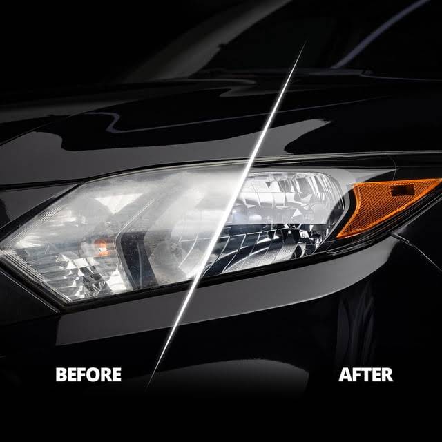 Before and after comparison of a hazy, yellowed headlight restored to crystal-clear clarity